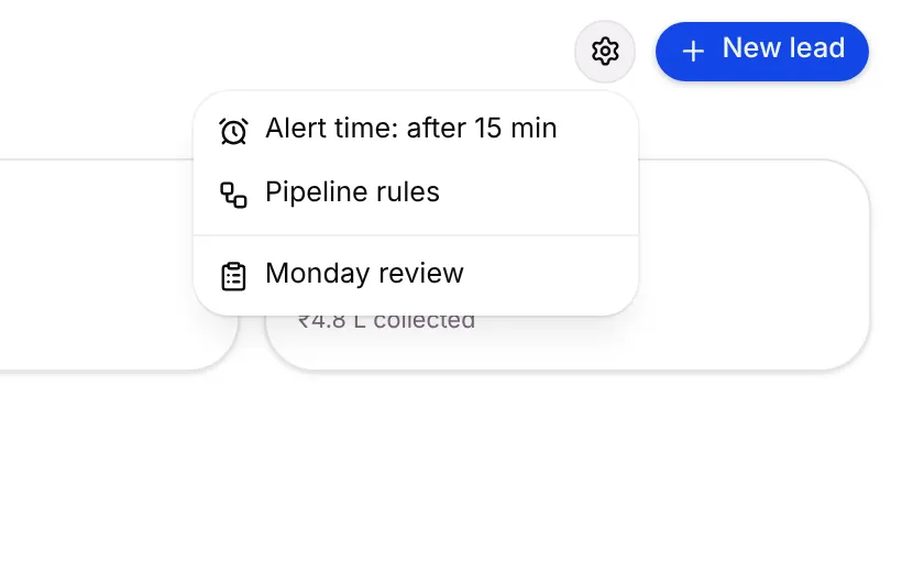 The Lead settings menu: Alert time, Pipeline rules, Monday review