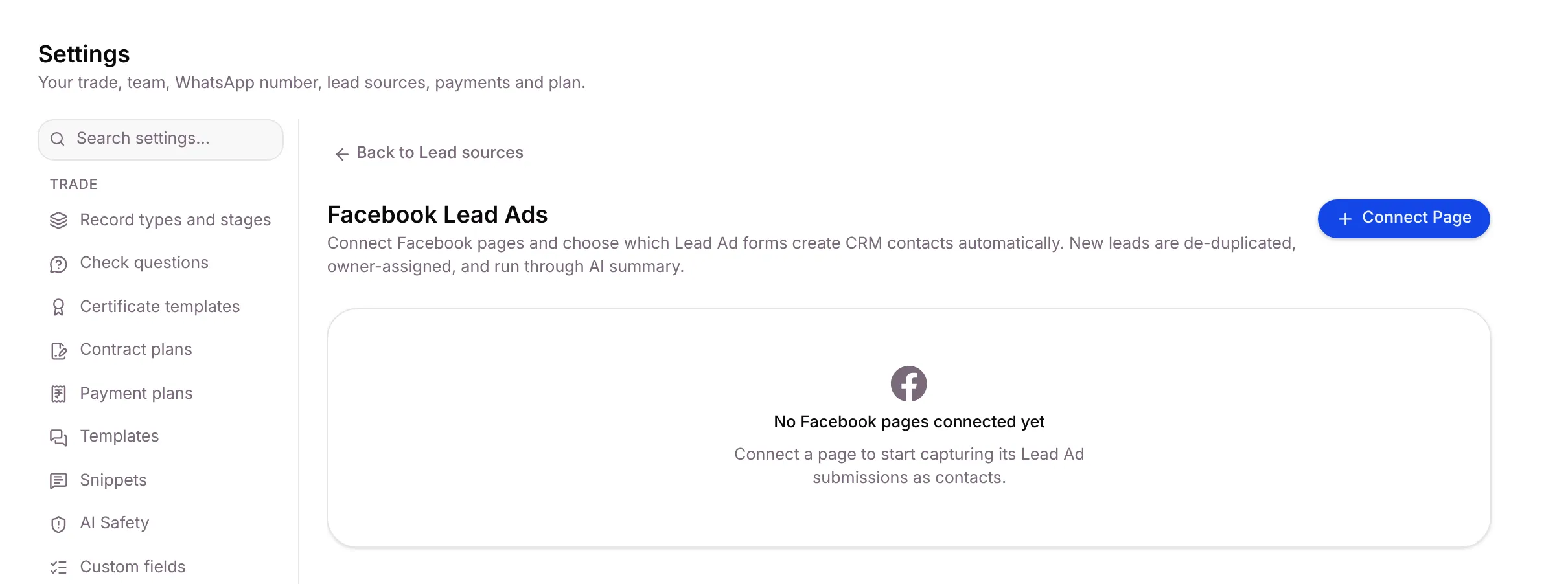 The Facebook Lead Ads screen before any Page is connected
