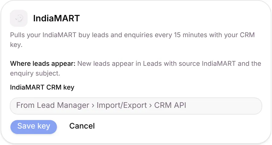 The IndiaMART card asking for the CRM key