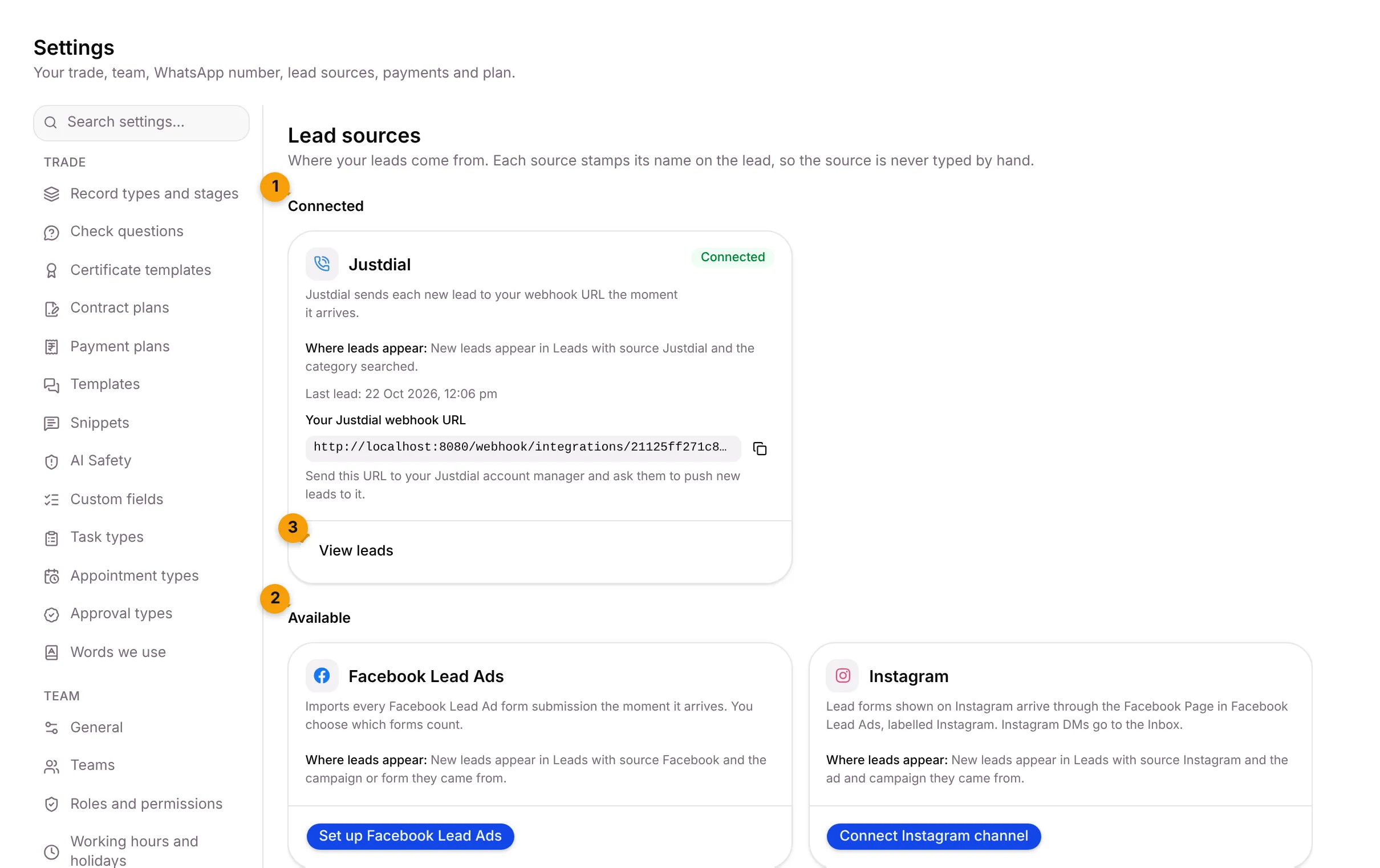 The Lead sources tab with the Connected and Available sections