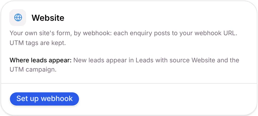 The Website card with Set up webhook