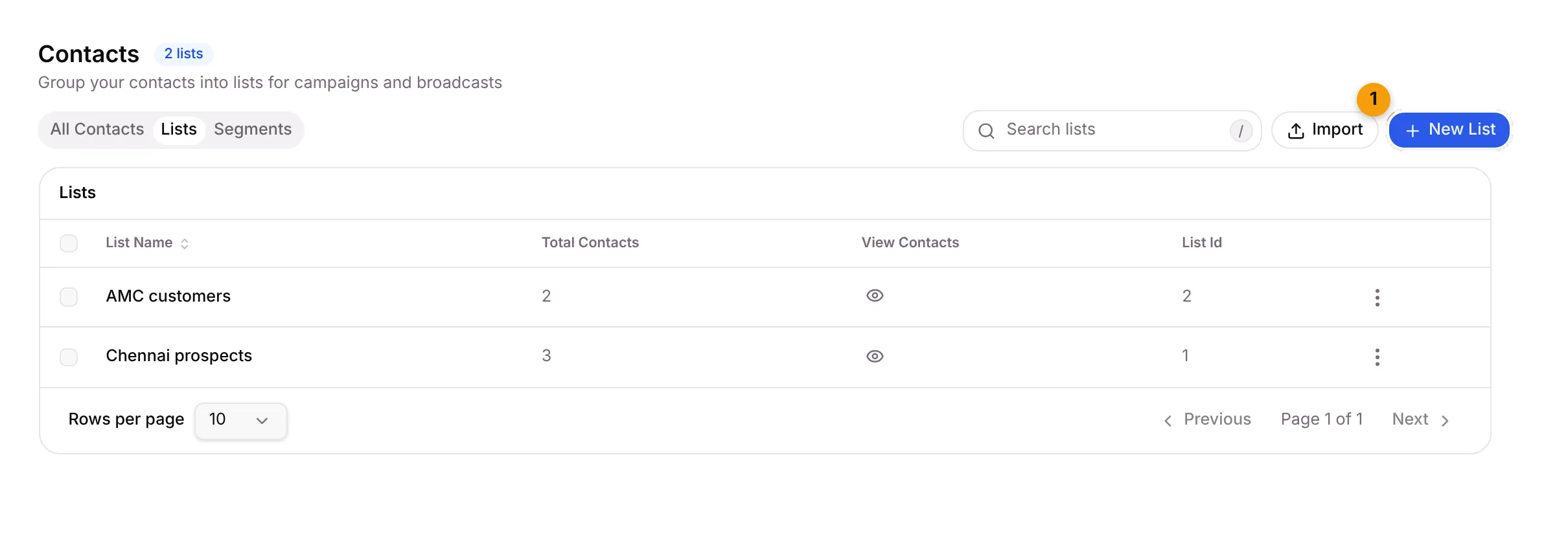 The Lists tab with the New List button