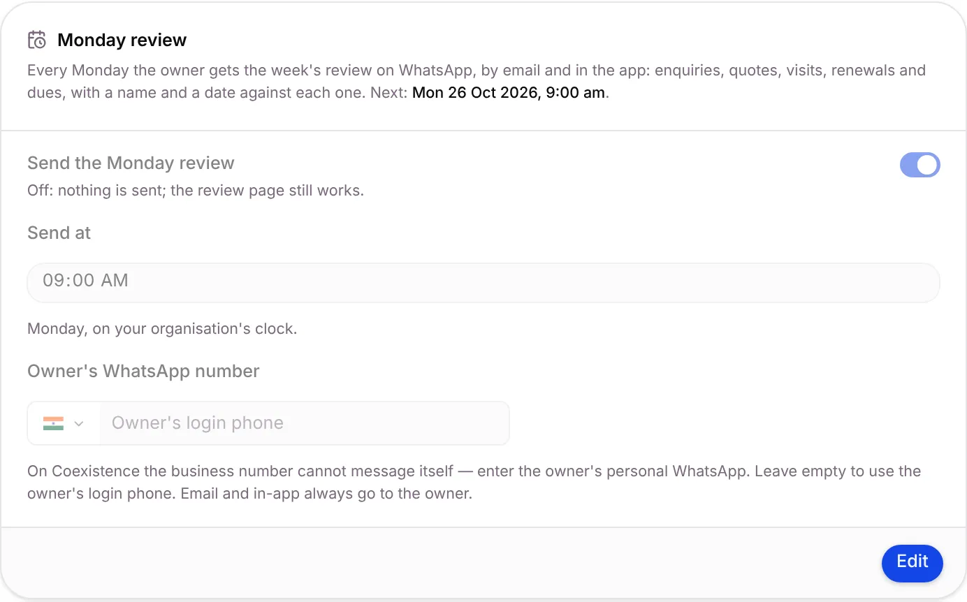 The Monday review settings card