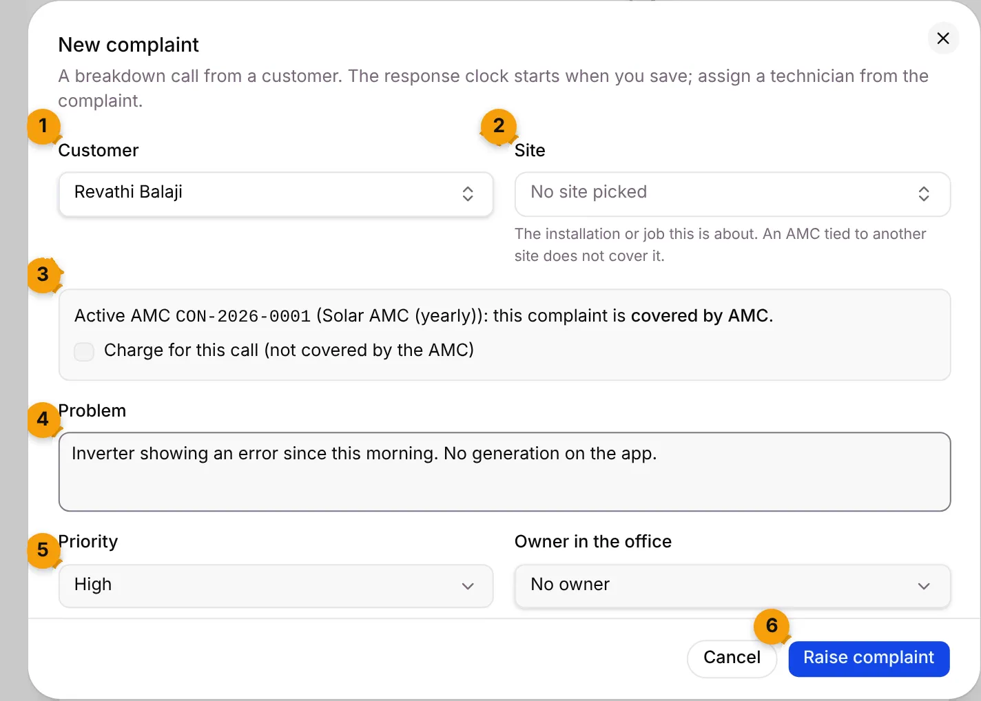 The New complaint dialog for Revathi Balaji, showing the complaint is covered by AMC