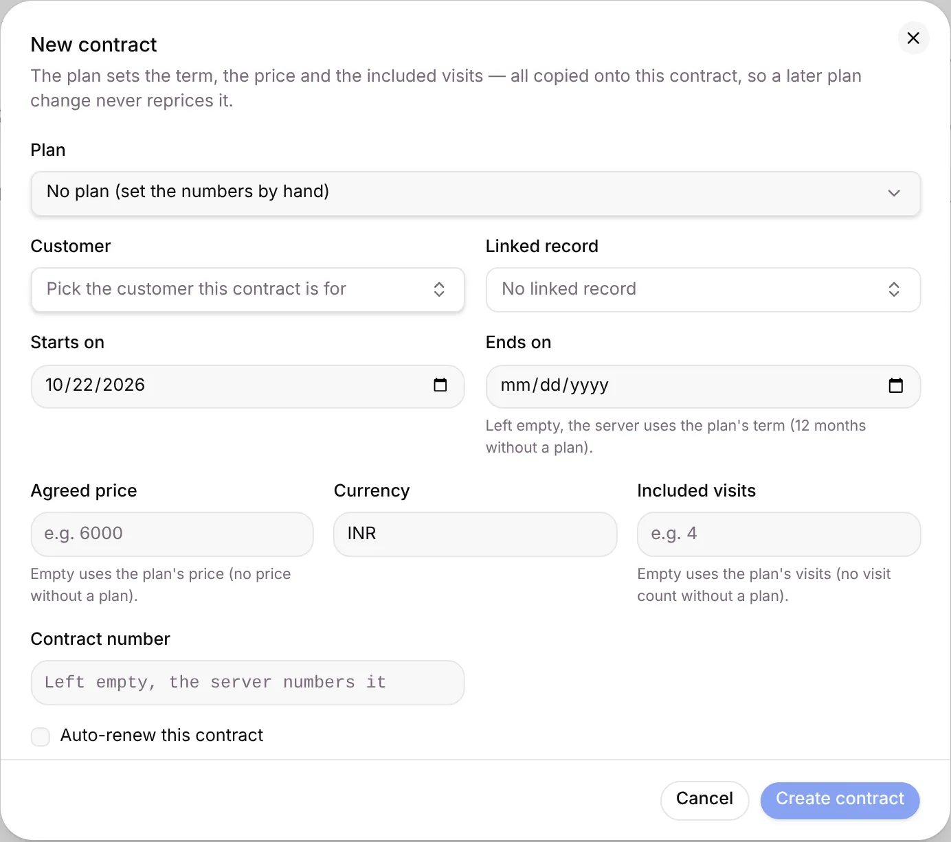 The New contract dialog with Plan, Customer, dates, price and visits