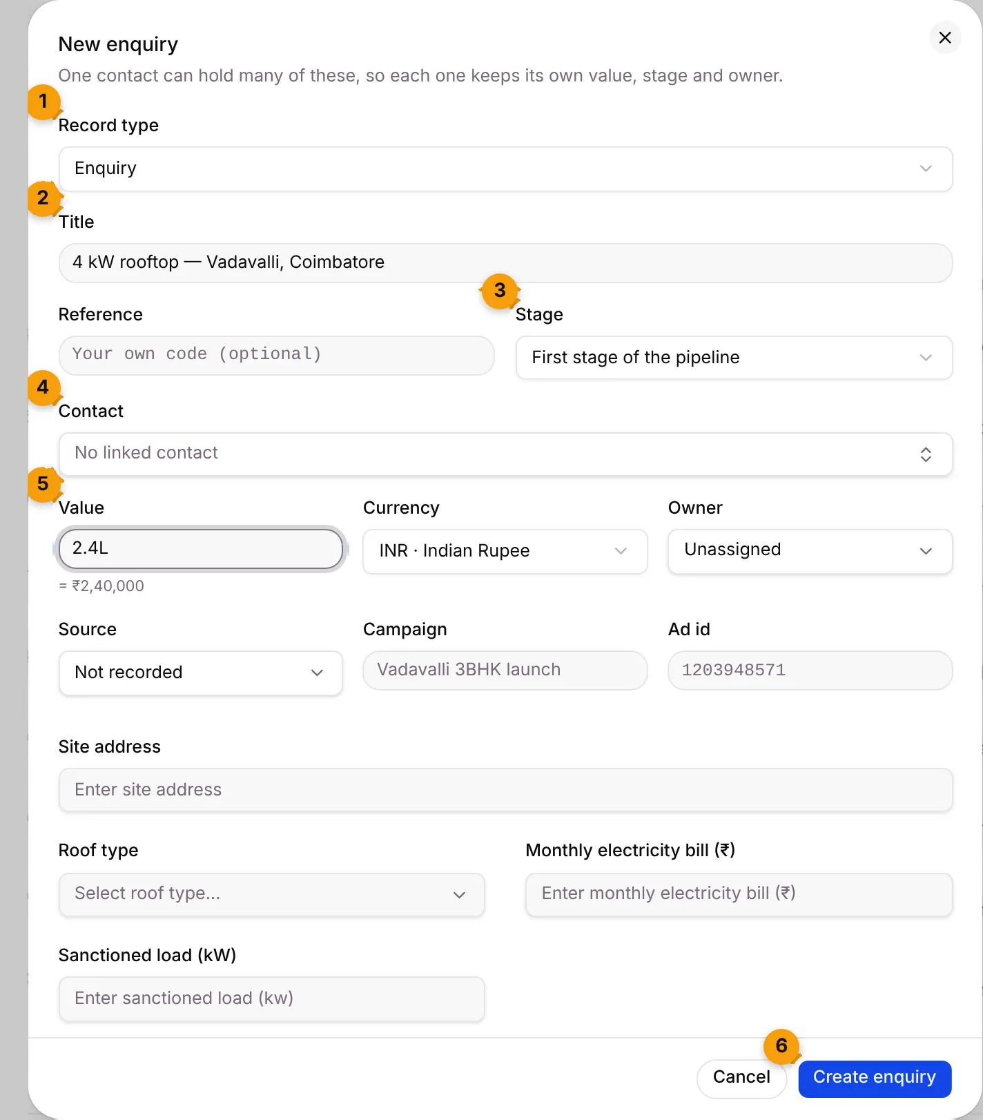 The New enquiry dialog filled in for a 4 kW rooftop in Vadavalli