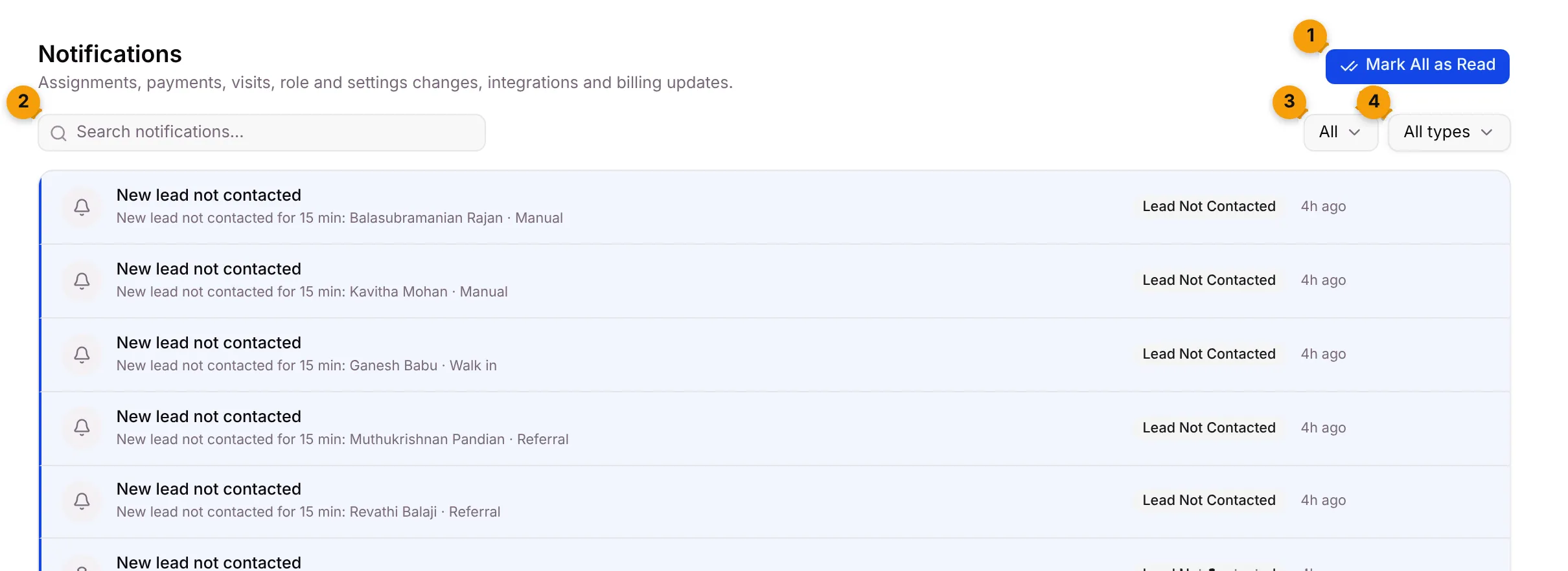 The Notifications page with its controls numbered
