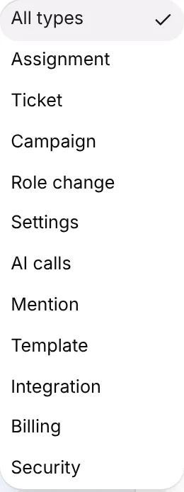 The Type filter with All types, Assignment, Ticket and more