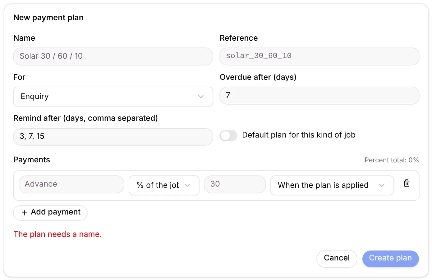 The New payment plan form