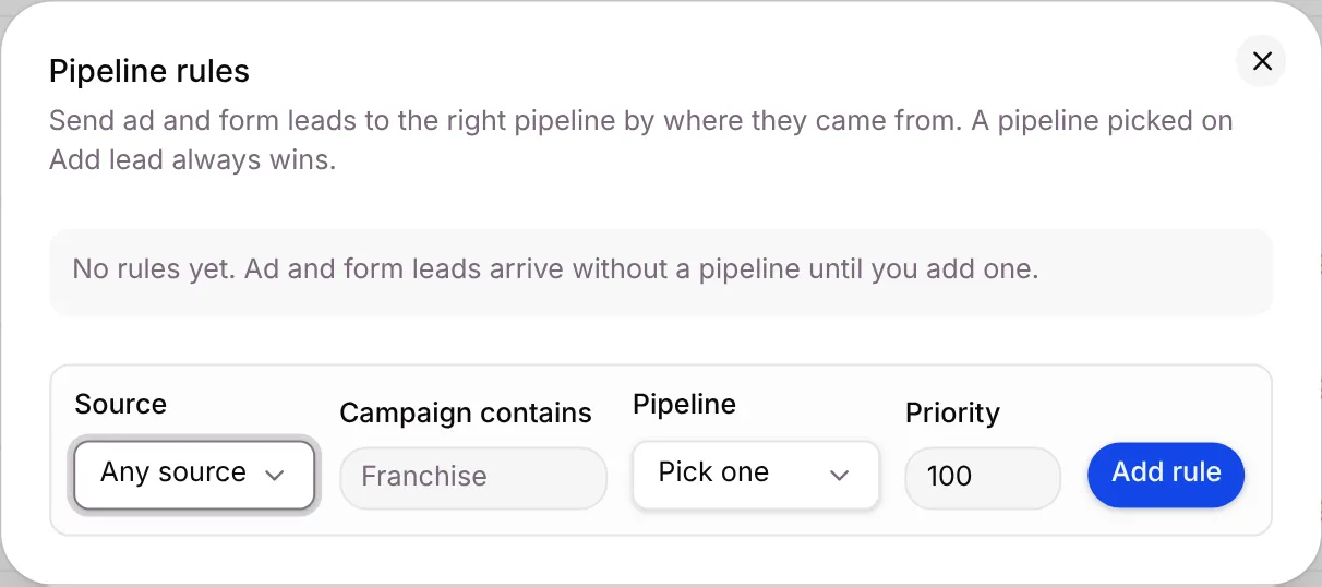 The Pipeline rules dialog with no rules yet