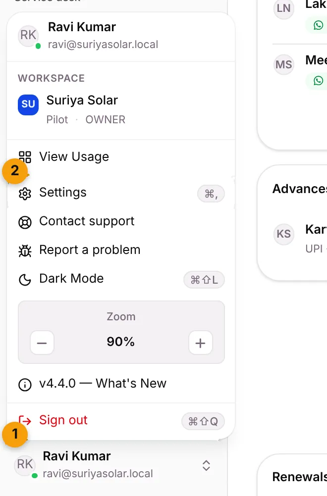 The profile menu at the bottom of the sidebar, with Settings highlighted
