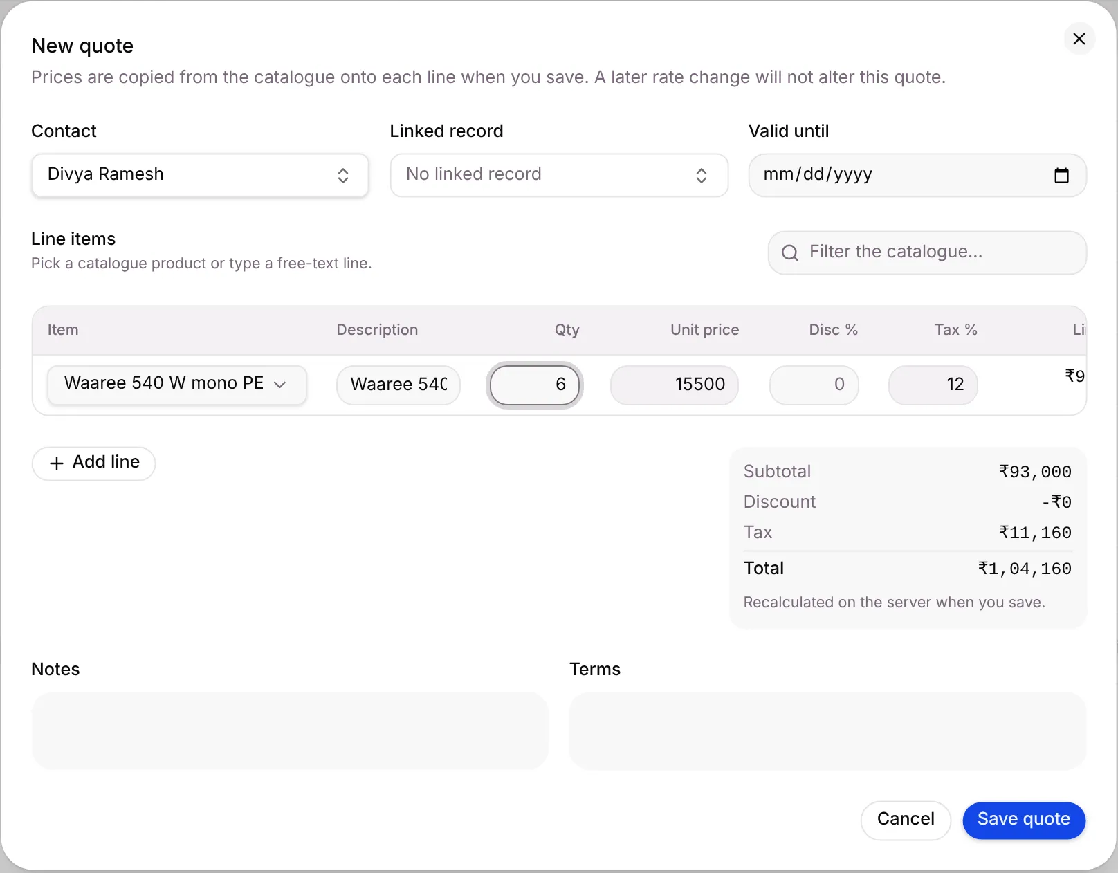 The New quote dialog with a catalogue line for 6 solar modules and the totals preview