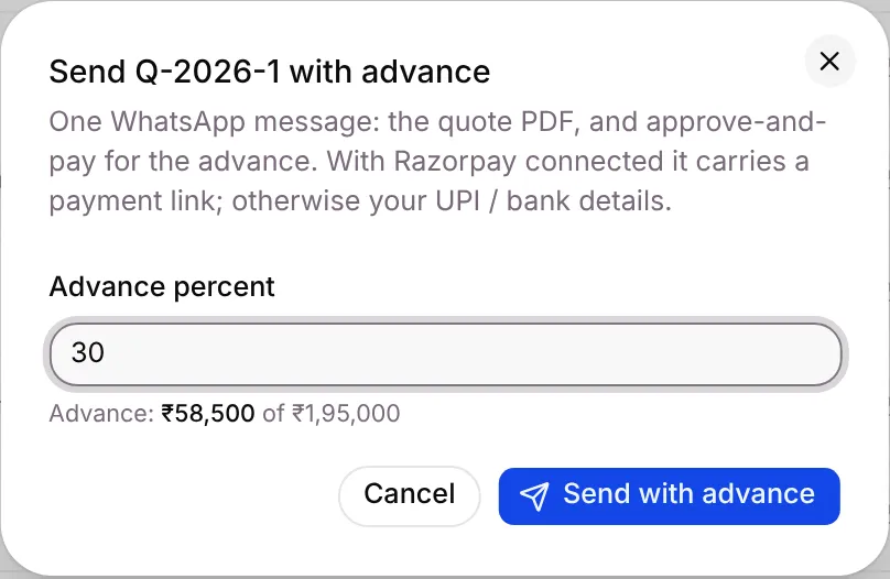 The Send with advance dialog with a 30% advance