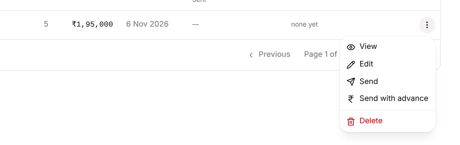 The actions menu of a draft quote