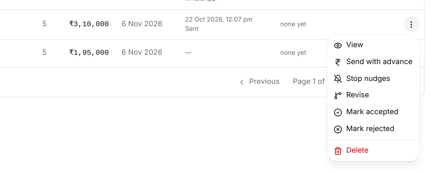 The actions menu of a sent quote