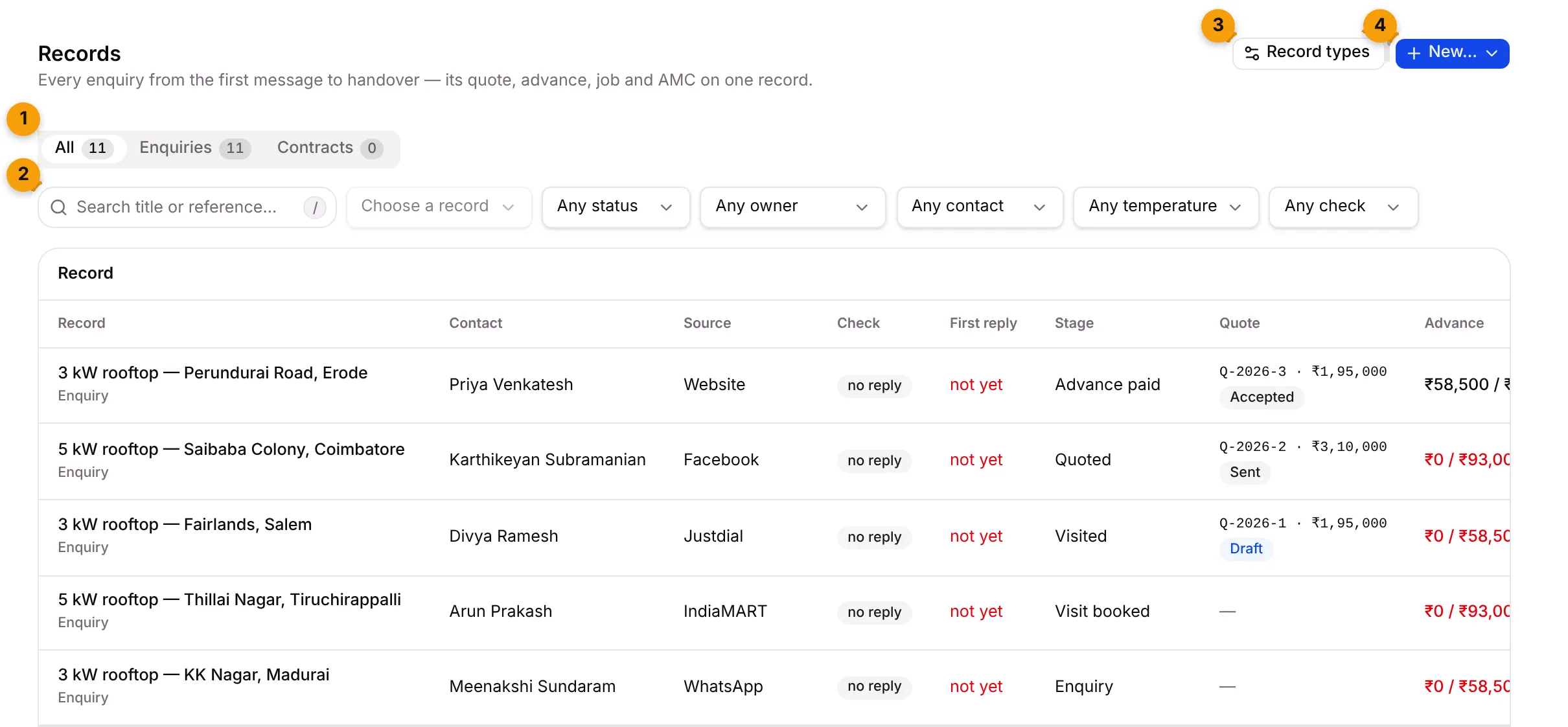The Records page with tabs, search and filters, Record types and New buttons