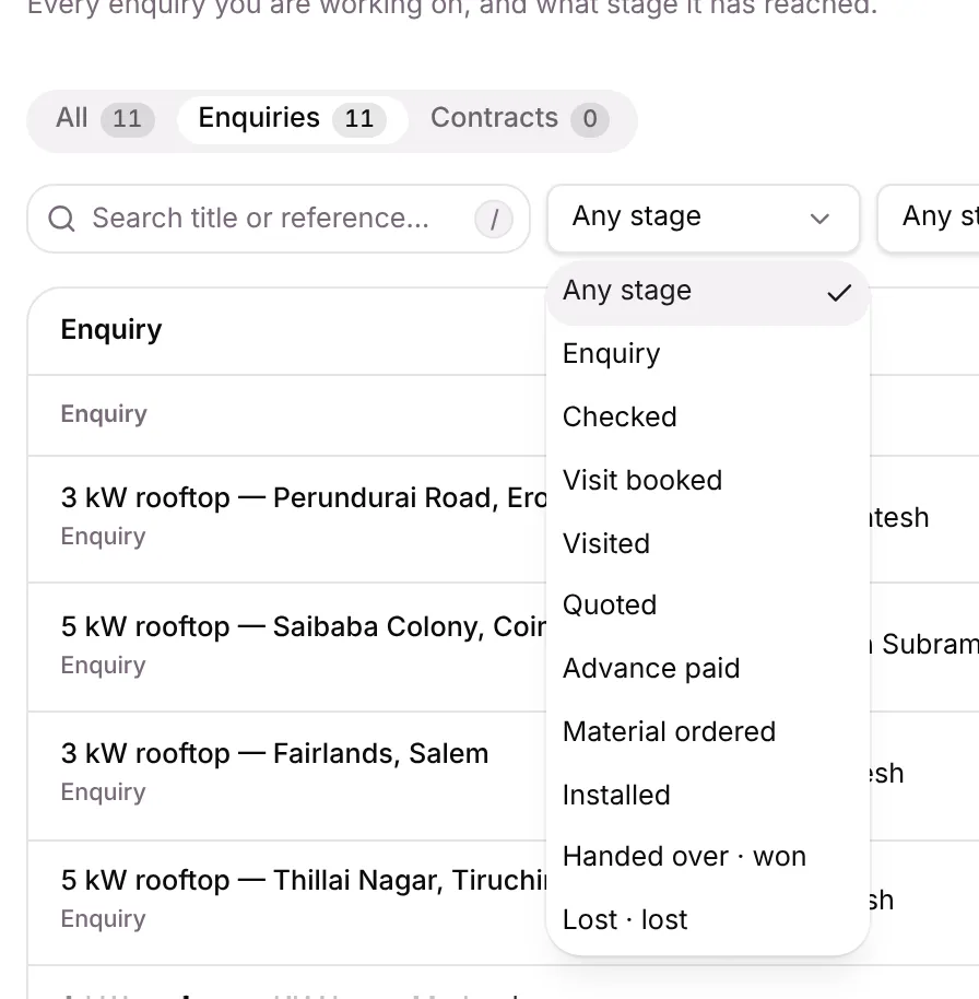 The Stage filter on the Enquiries tab, listing every stage from Enquiry to Lost