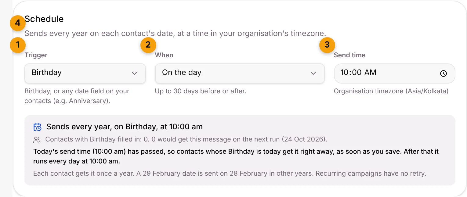 The recurring Schedule card with Trigger, When, Send time and the summary