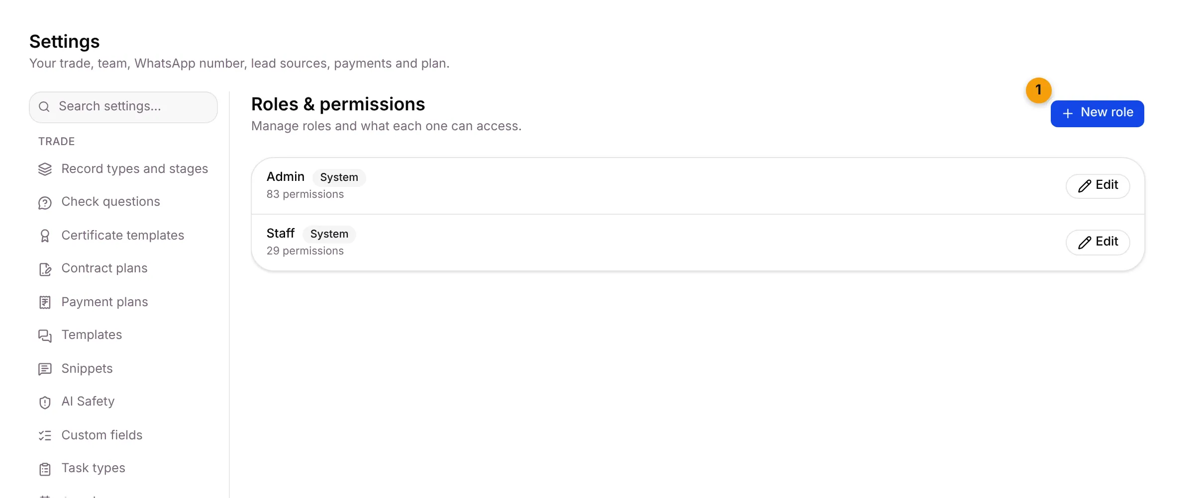 The Roles & permissions tab with Admin and Staff