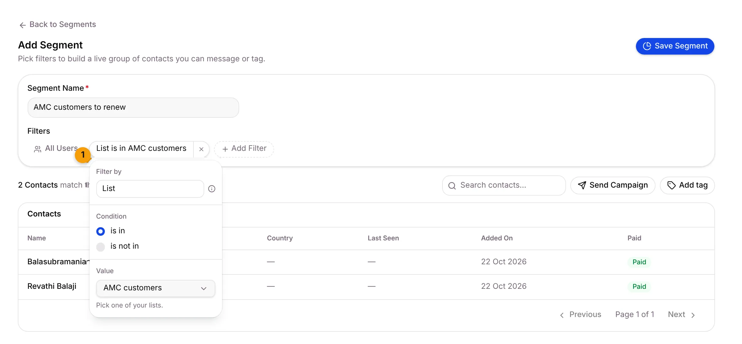 Filter set to List is in AMC customers