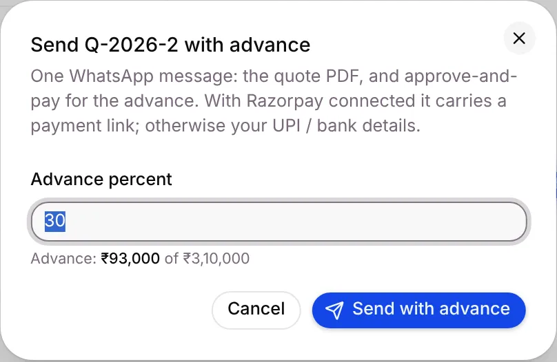 The Send with advance dialog, with the advance percent and amount