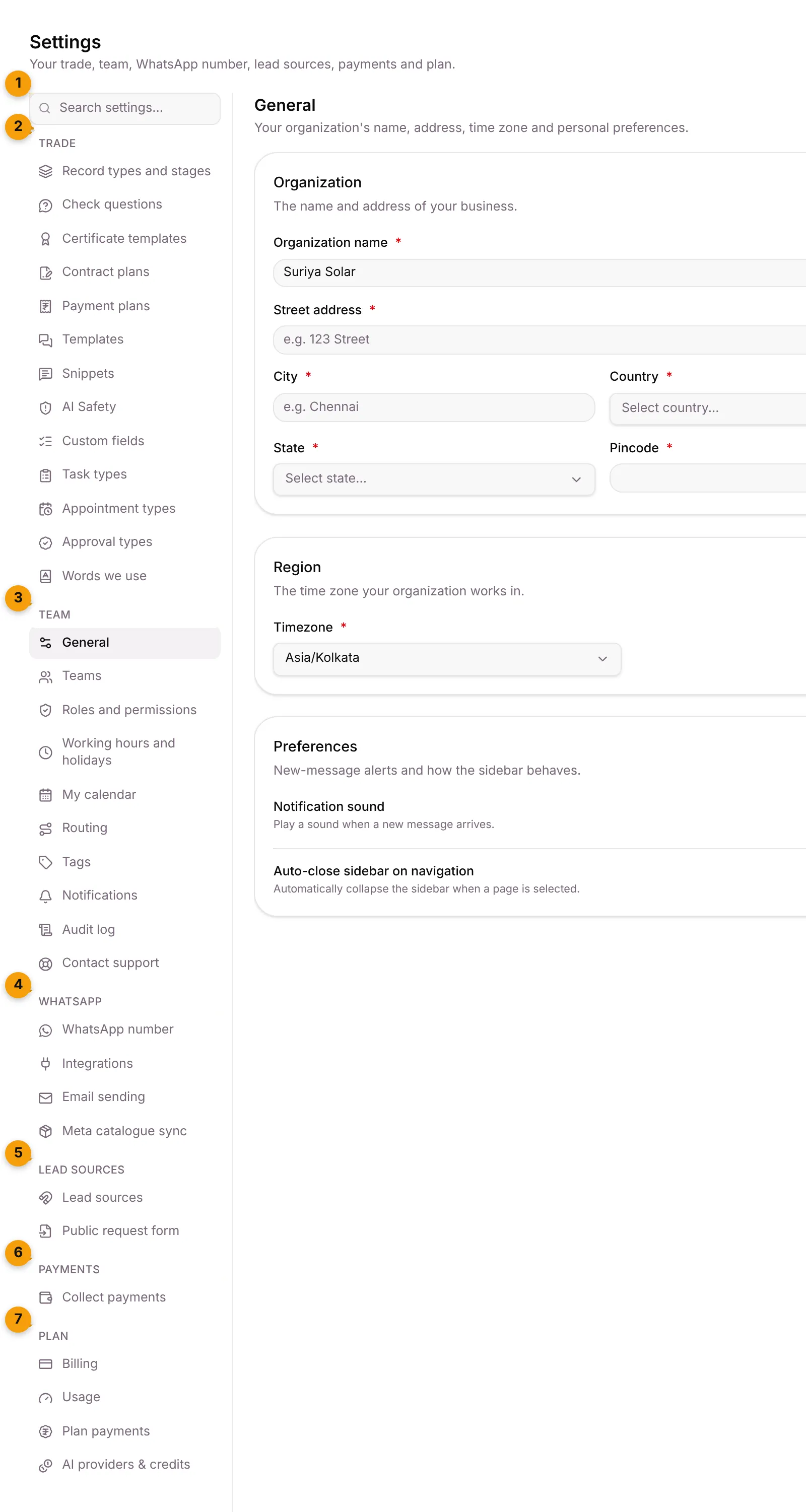 The Settings page with the search box and the six groups of tabs