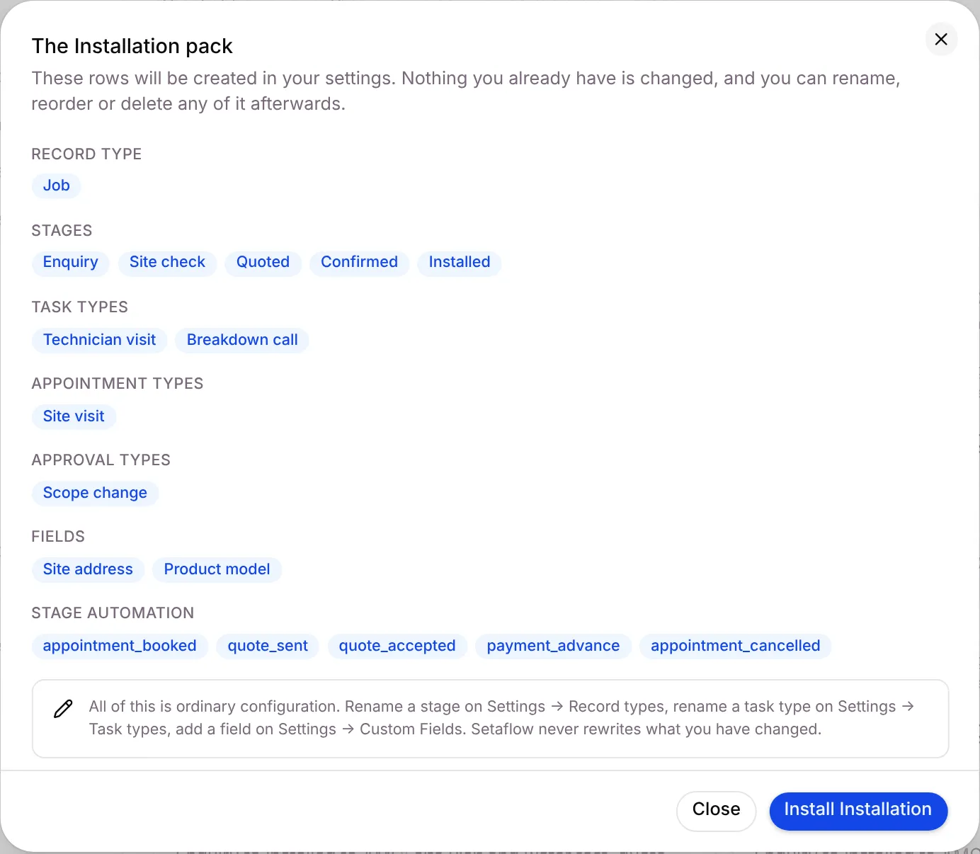 The preview of the Installation pack