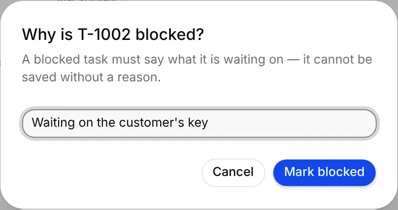 The Why is T-1002 blocked? dialog with a reason typed in