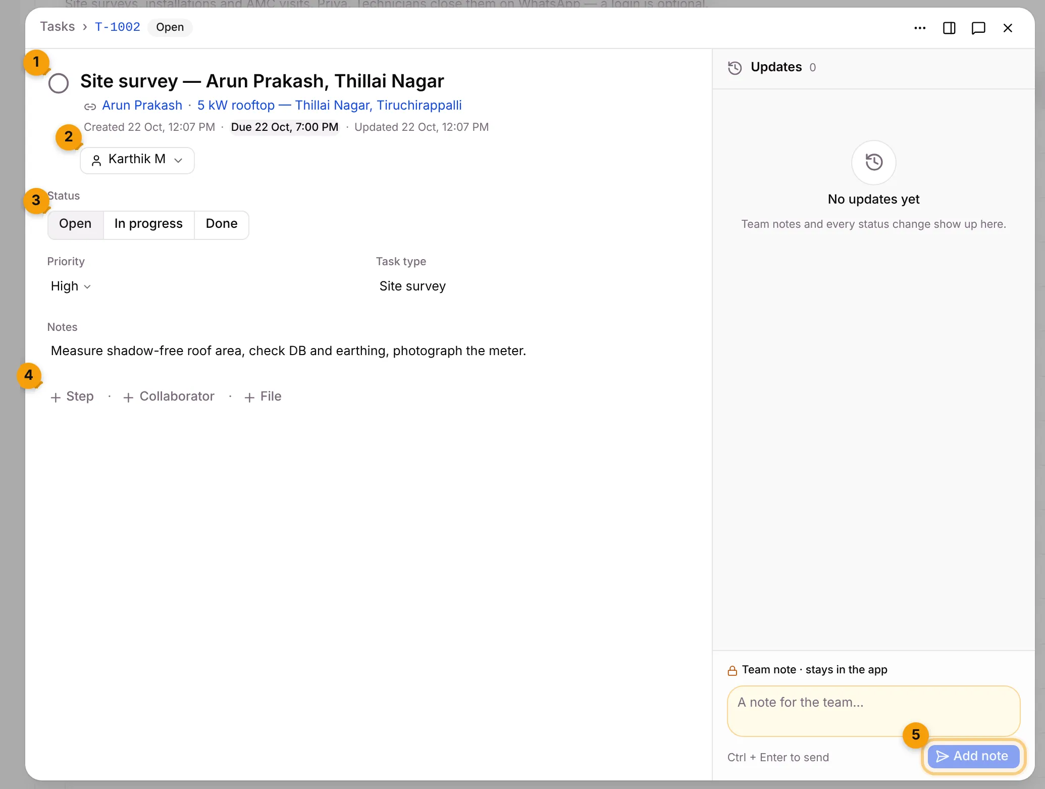 The job panel for T-1002 with the done circle, assignee, status, add buttons and the Updates thread