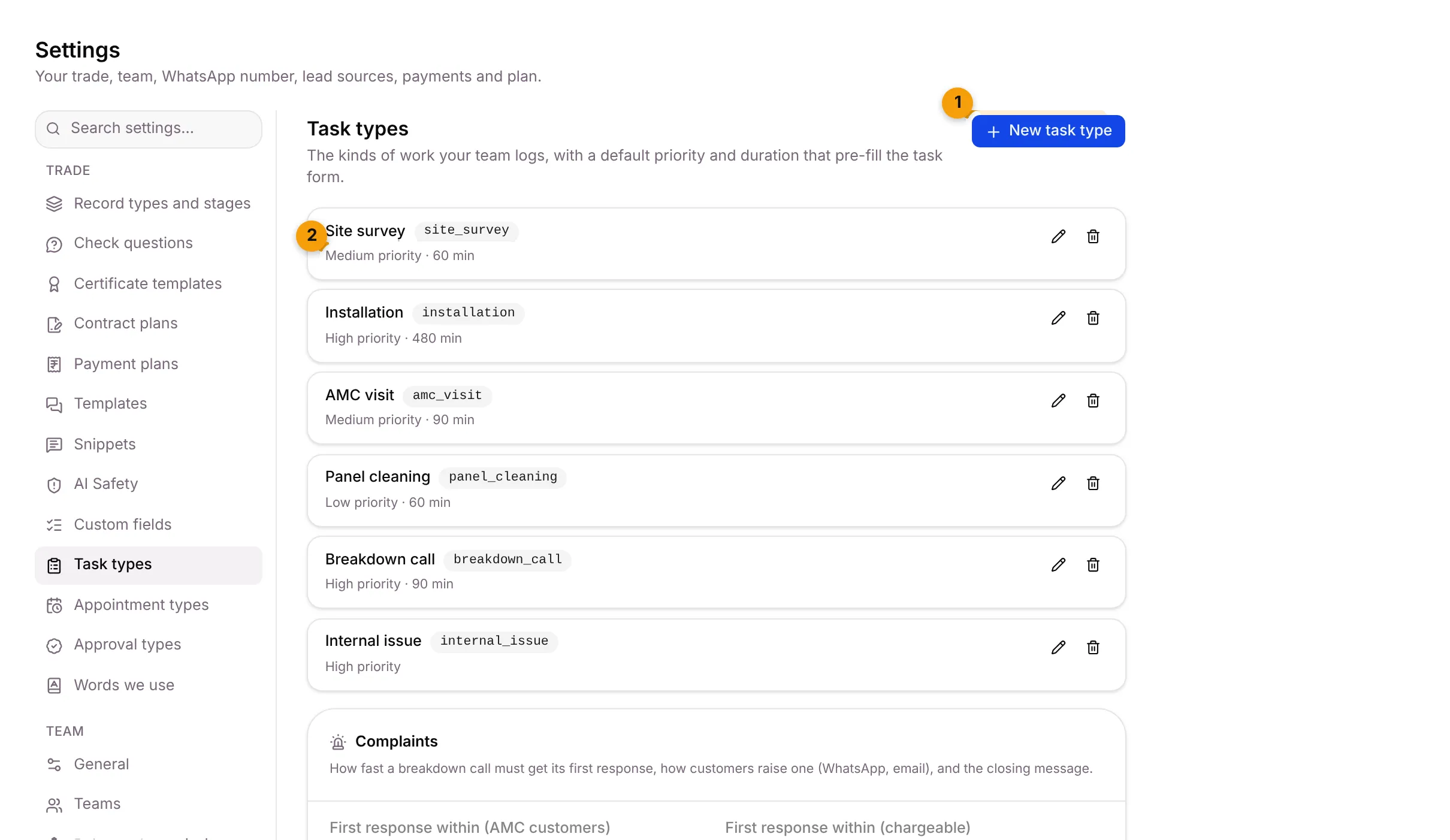 The Task types tab with Suriya Solar’s task types