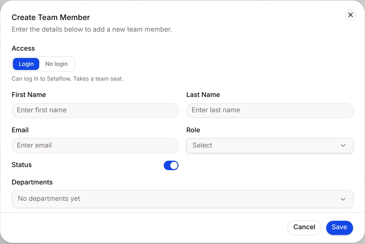The Create Team Member dialog with Login selected