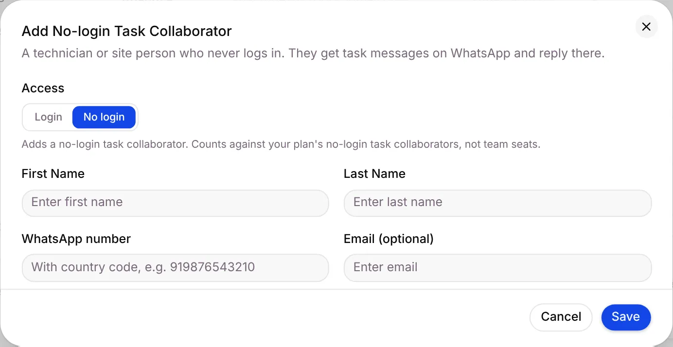 The Add No-login Task Collaborator dialog