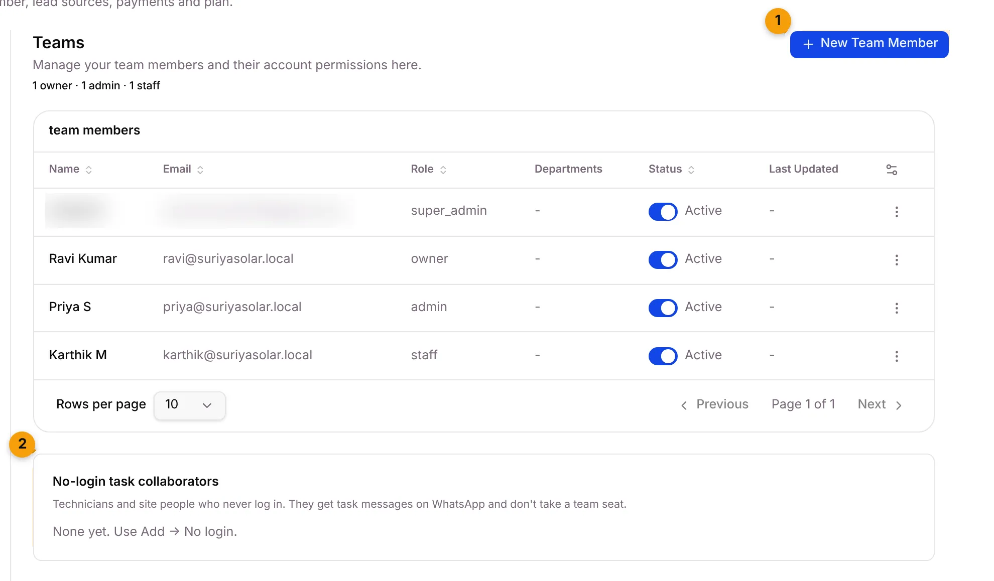 The Teams tab with the New Team Member button and the No-login task collaborators section