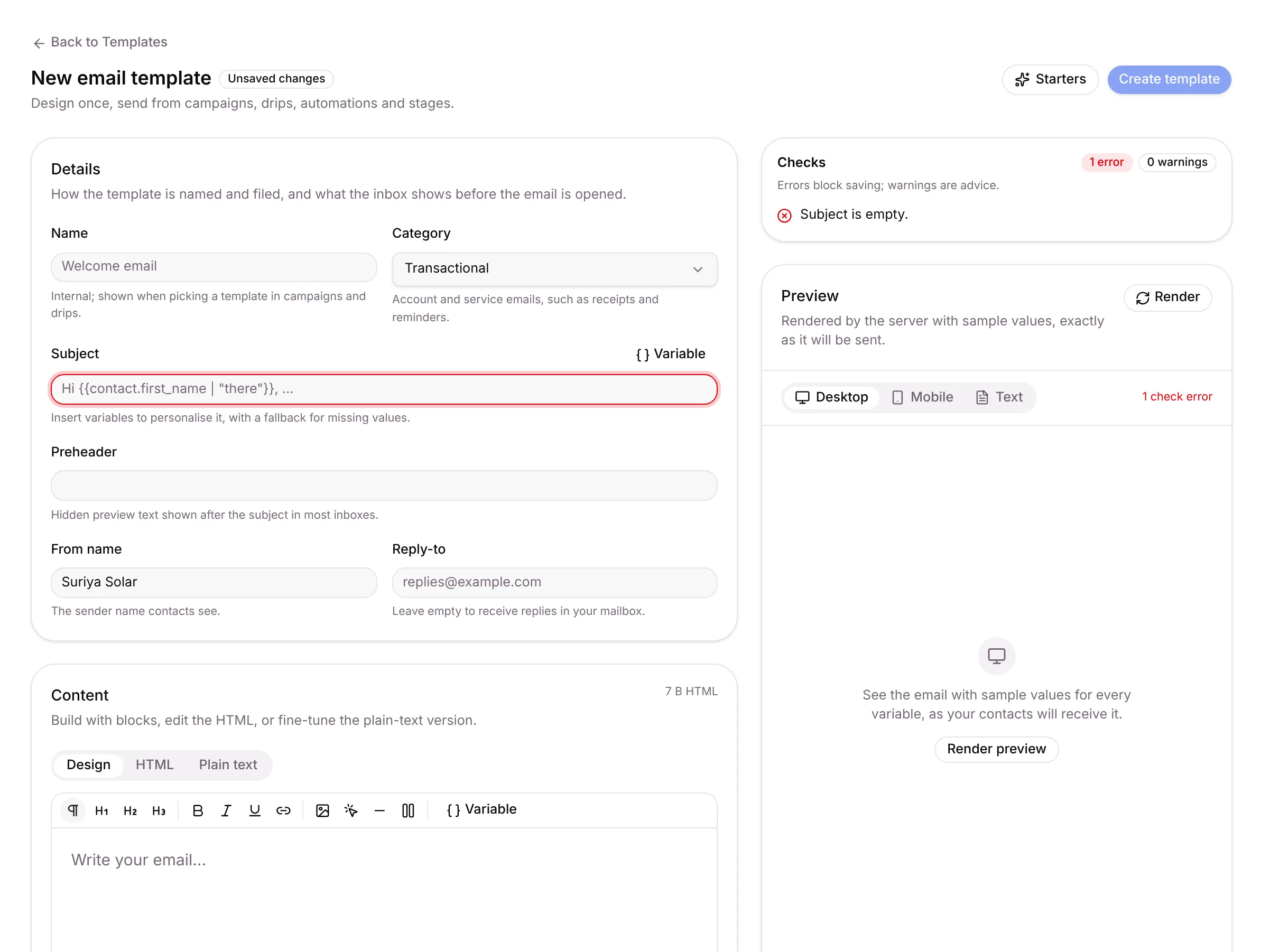 The new email template editor with Details, Content, Checks and Preview