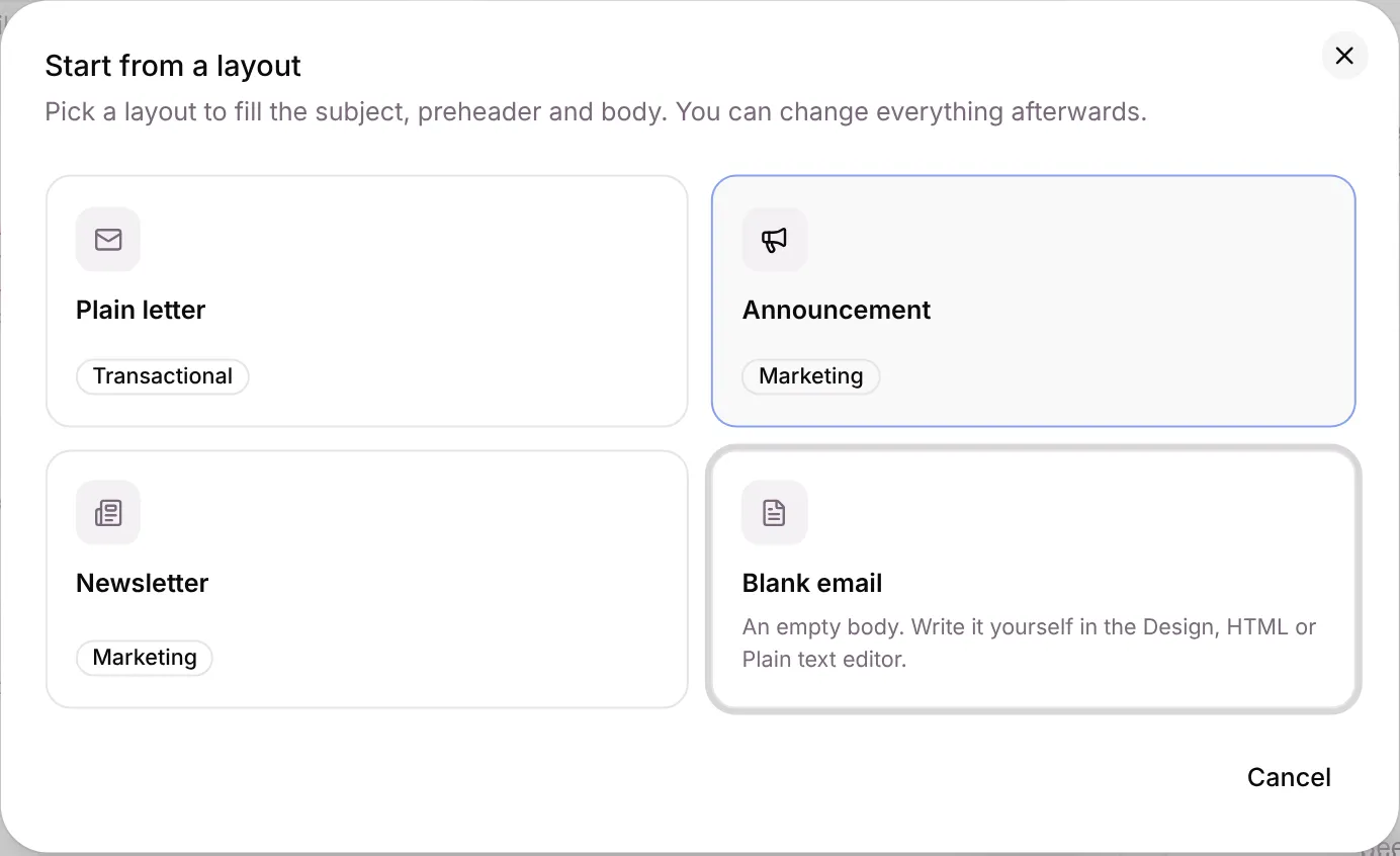 The Start from a layout dialog