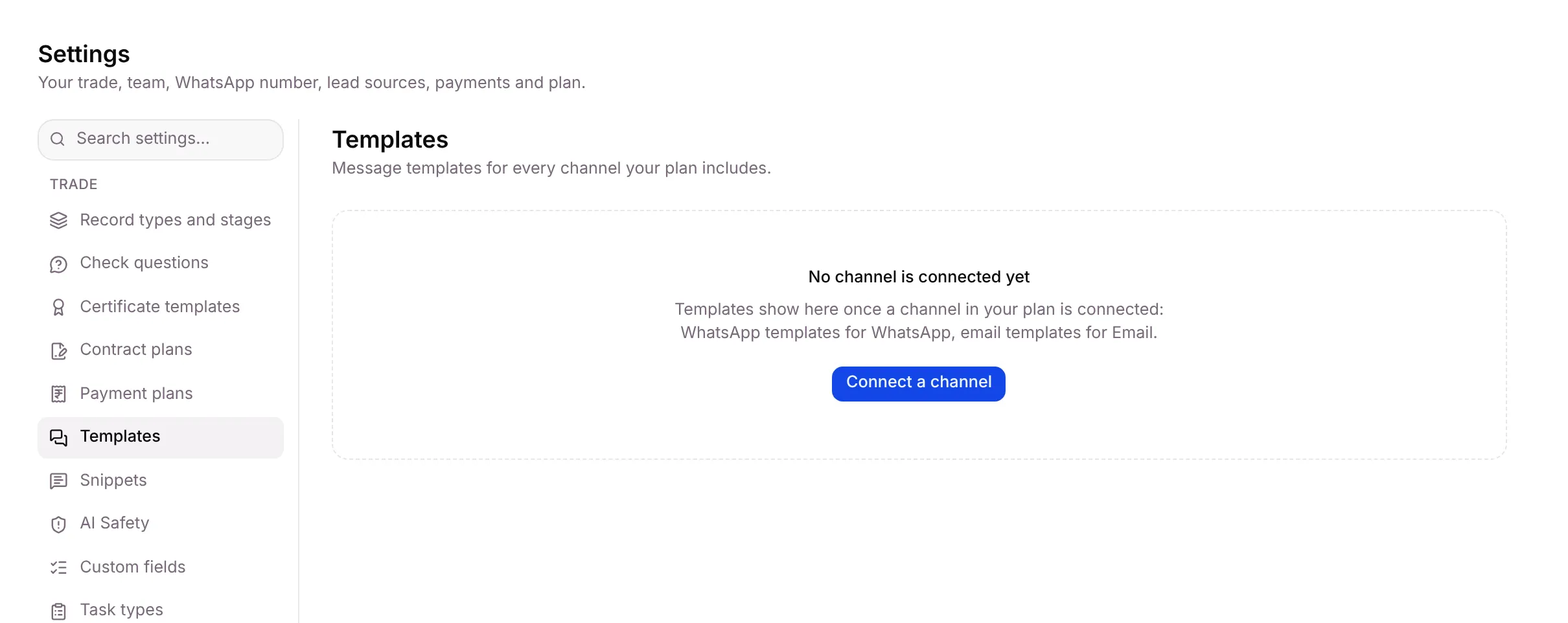 Settings with Templates selected under Trade