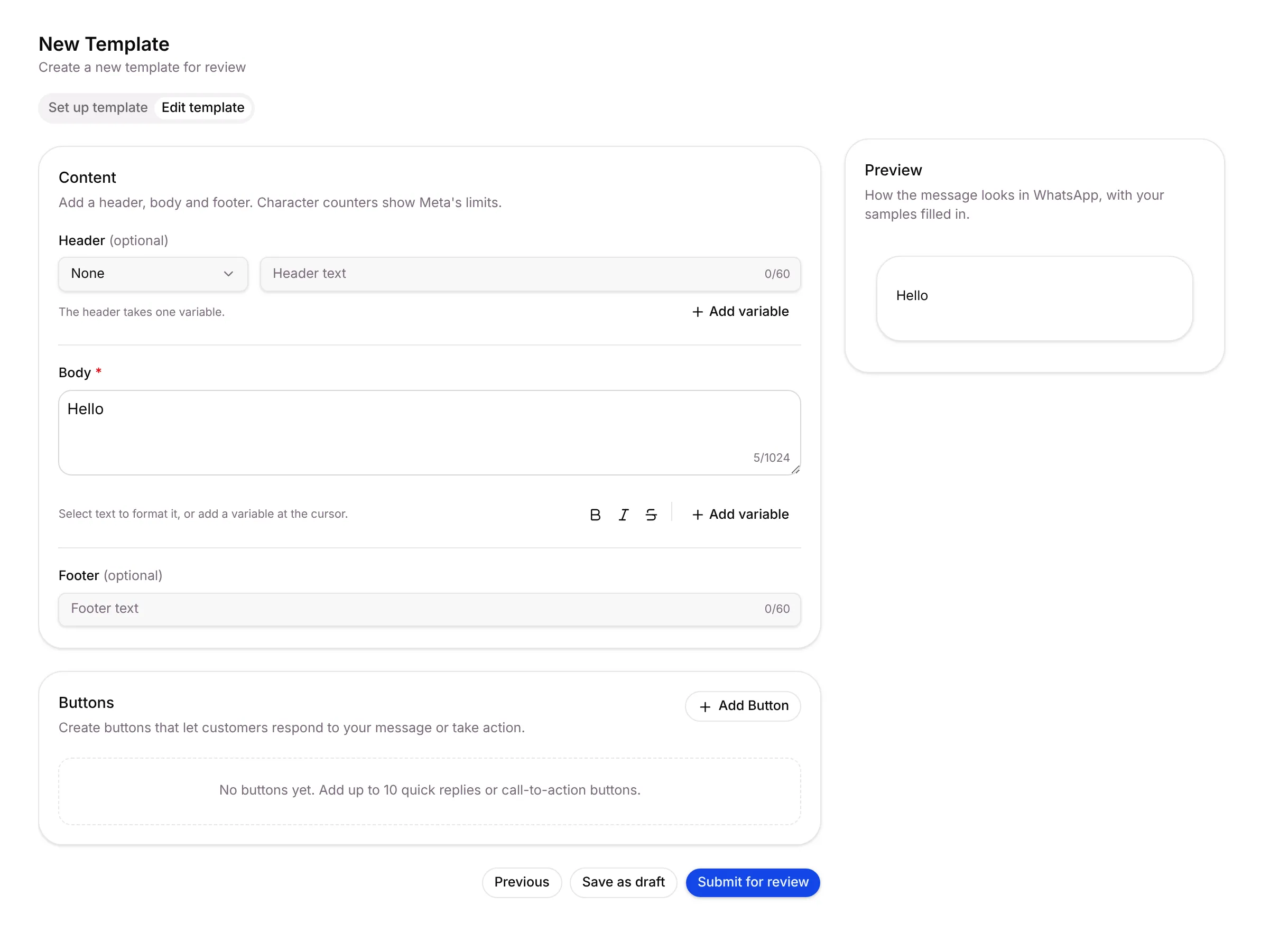 The Buttons card and the Submit for review button