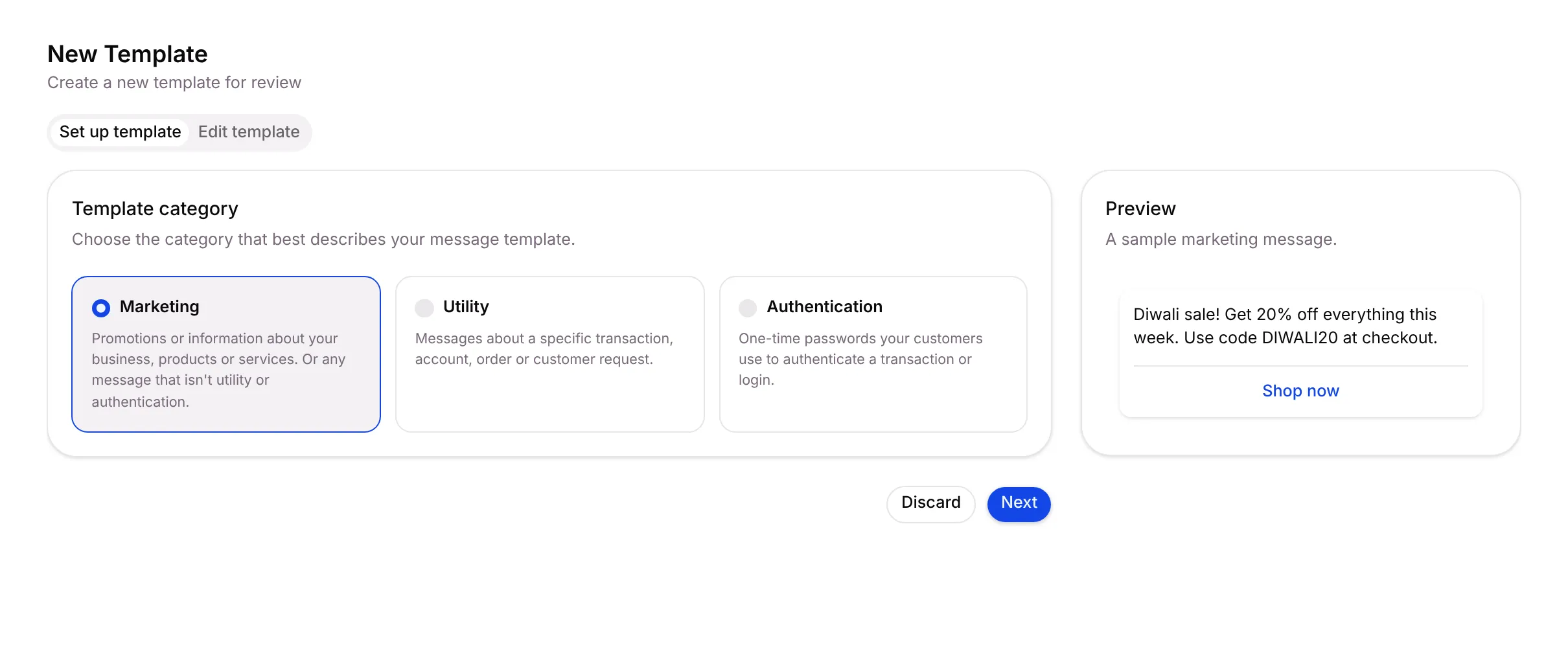 Choosing the template category, with a sample message in the Preview