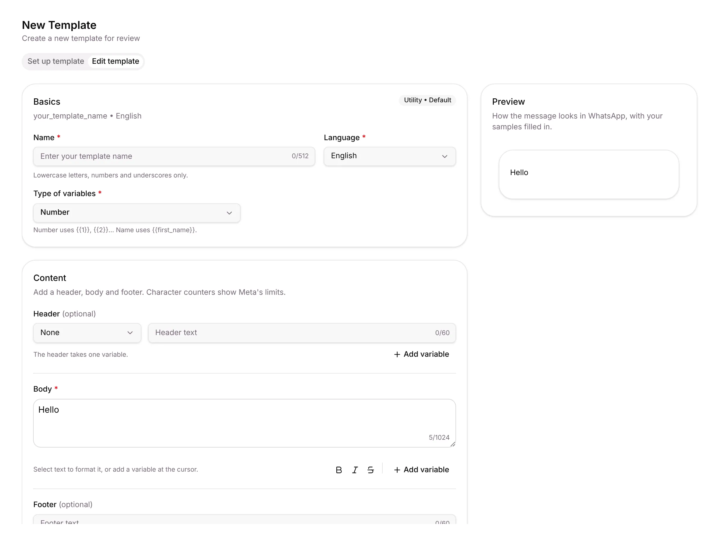 The Edit template step with Basics, Content and the Preview