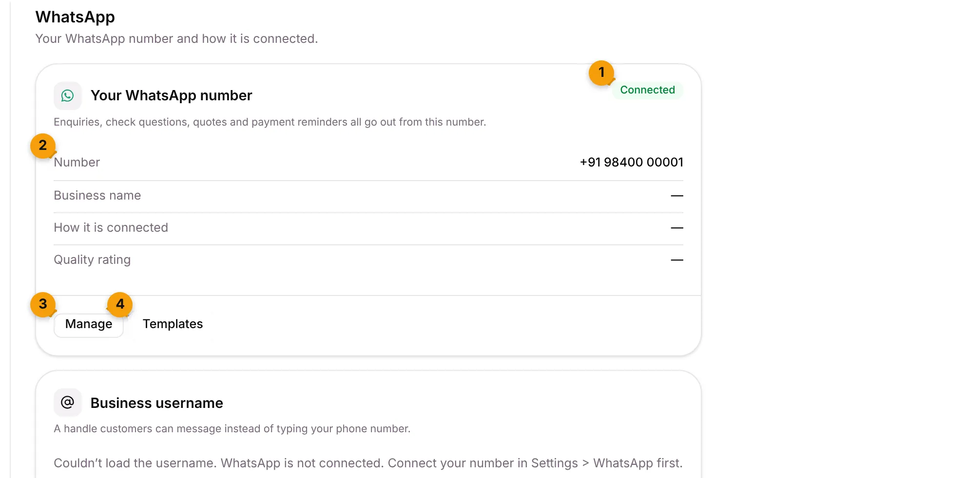 The WhatsApp tab with the Your WhatsApp number card